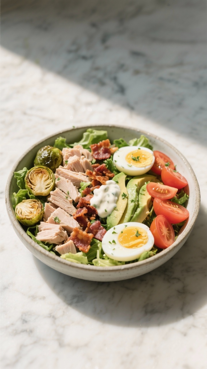 45-degree composed Turkey Cobb Salad: mixed greens base with neat rows of diced leftover turkey, roasted Brussels sprouts halves, creamy avocado slices, cherry tomatoes, and quartered hard-boiled eggs. Drizzle of herby buttermilk ranch, crumbled bacon optional, a chilled ceramic bowl on a marble surface, crisp daylight.