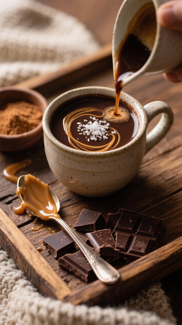 45-degree cozy action shot: Salted Caramel Hot Chocolate with Espresso poured into a wide ceramic mug; dark chocolate (60–70%) richness swirled with caramel ribbons visible on the surface, a pinch of flaky sea salt sparkling on top, and a short espresso shot incorporated for depth; nearby elements include chopped dark chocolate, a spoon streaked with caramel sauce, and brown sugar in a pinch bowl; set on a rustic wooden tray with a soft knit textile, warm directional light for indulgent sheen.