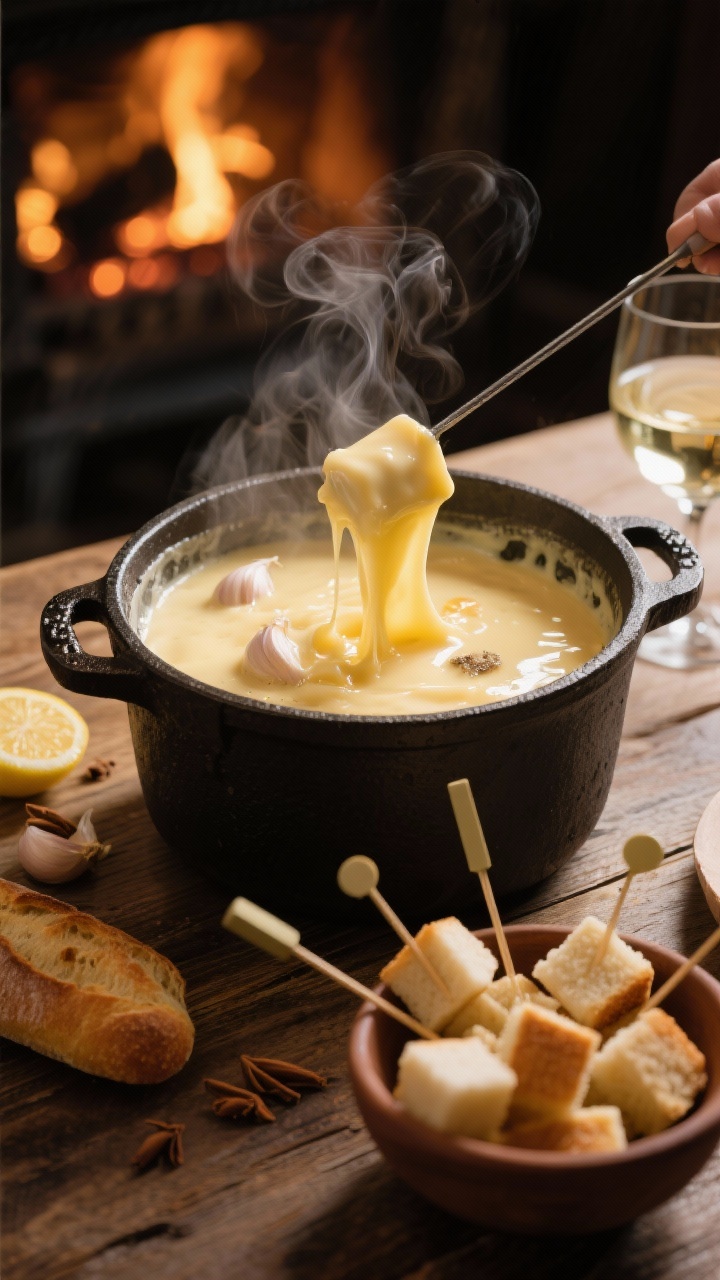15 Festive Christmas Charcuterie Board Ideas for Holiday Parties That Wow 45-degree cozy shot of bubbling Alpine cheese fondue in a cast-iron pot: Gruyère and Emmental melted with white wine, garlic, lemon, and nutmeg; steam rising; baguette cubes in a side bowl, some skewered on fondue forks mid-dip; warm hearth-like lighting, rustic wooden table, tight focus on silky cheese pull and glossy surface.
