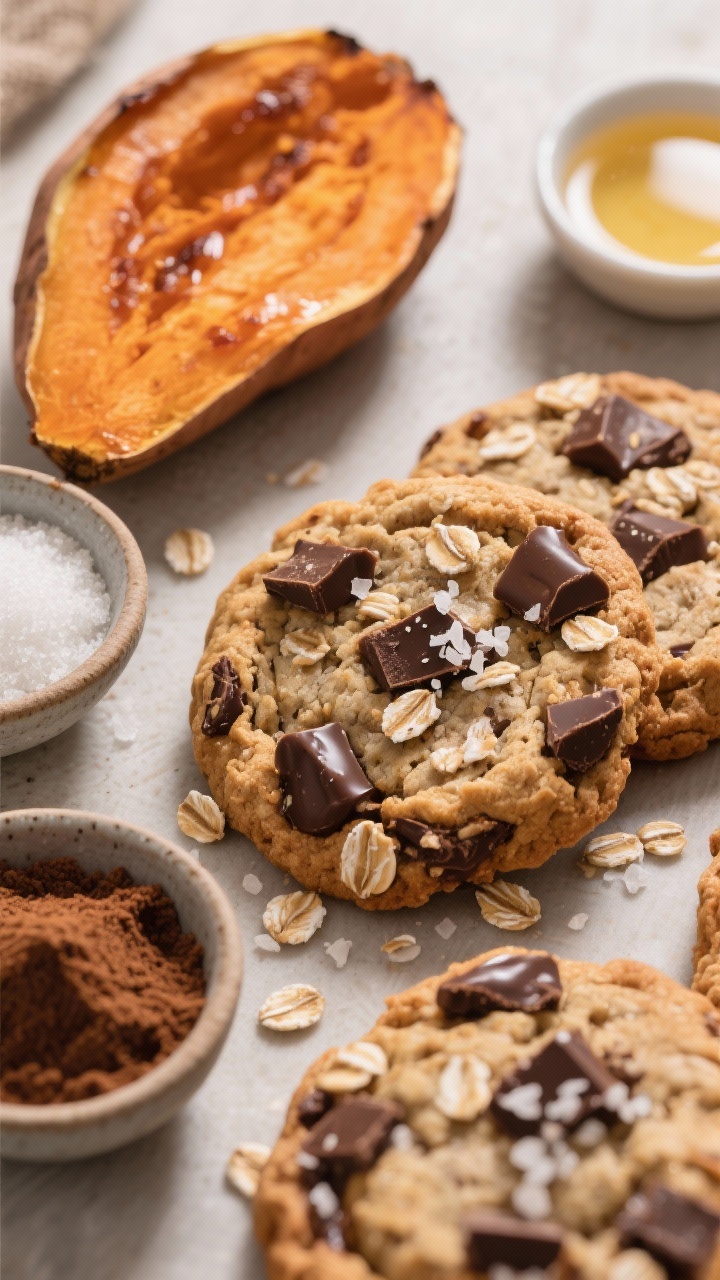 Thanksgiving Cookies That’ll Steal the Show From the Pie 45-degree cozy tabletop shot of Salty-Sweet Sweet Potato Oatmeal Cookies with chocolate chunks: hearty, rustic cookies with visible rolled oats and pools of melted dark chocolate, edges lightly crisp, centers chewy; a roasted and halved sweet potato with caramelized edges in frame, small bowls of dark brown sugar, granulated sugar, melted butter, vanilla extract, and flaky sea salt for finishing; a pinch of salt scattered on top of the cookies; warm tones, soft shadows, emphasis on chunky texture and gooey chocolate.