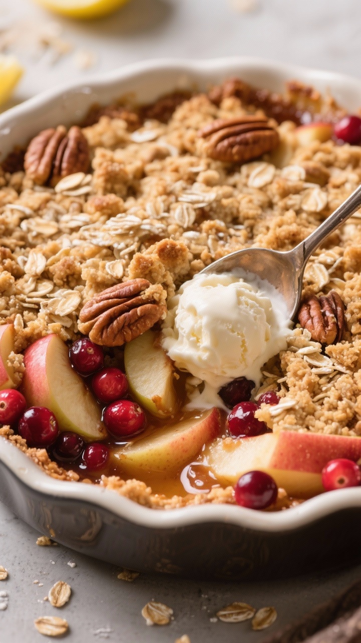 Cozy & Flavorful Vegan Thanksgiving Recipes Everyone Will Love—no Turkey Required 45-degree deep-dish dessert close-up: Apple cranberry crisp baked in a deep ceramic dish, thick layer of salty oat-pecan crumble on top, craggy and golden with visible oat flakes and pecan pieces. Juicy mix of sliced Honeycrisp/Pink Lady apples and bright red cranberries bubbling up at the edges, sweetened with pure maple syrup and brown sugar, kissed with lemon juice. A spoon breaking into the crisp to reveal syrupy fruit, vanilla bean ice cream scoop melting alongside, warm, cozy lighting for a celebratory finish.
