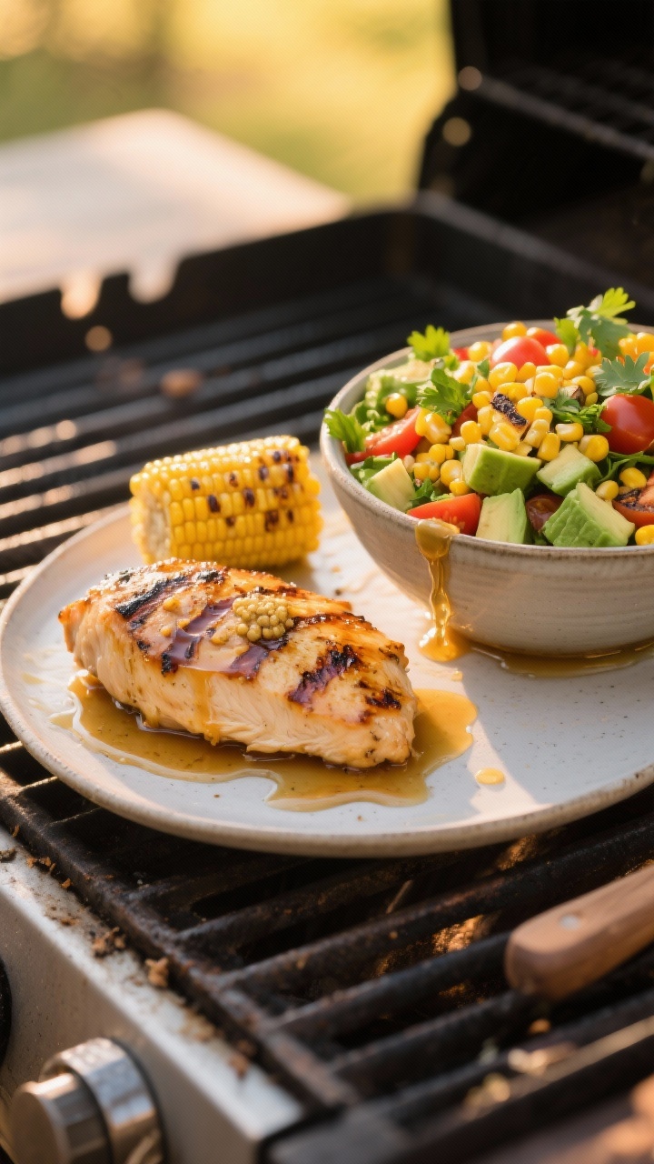 45-degree grill-side composition of honey-mustard grilled chicken with corn and avocado salad: char-marked chicken breasts brushed with a glaze of Dijon, whole grain mustard, honey, apple cider vinegar, olive oil, salt and pepper; alongside a vibrant salad of grilled corn kernels, diced avocado, cherry tomatoes, and chopped cilantro in a low bowl. Drips of glaze catching the light, grill grates blurred in background, golden hour outdoor feel.
