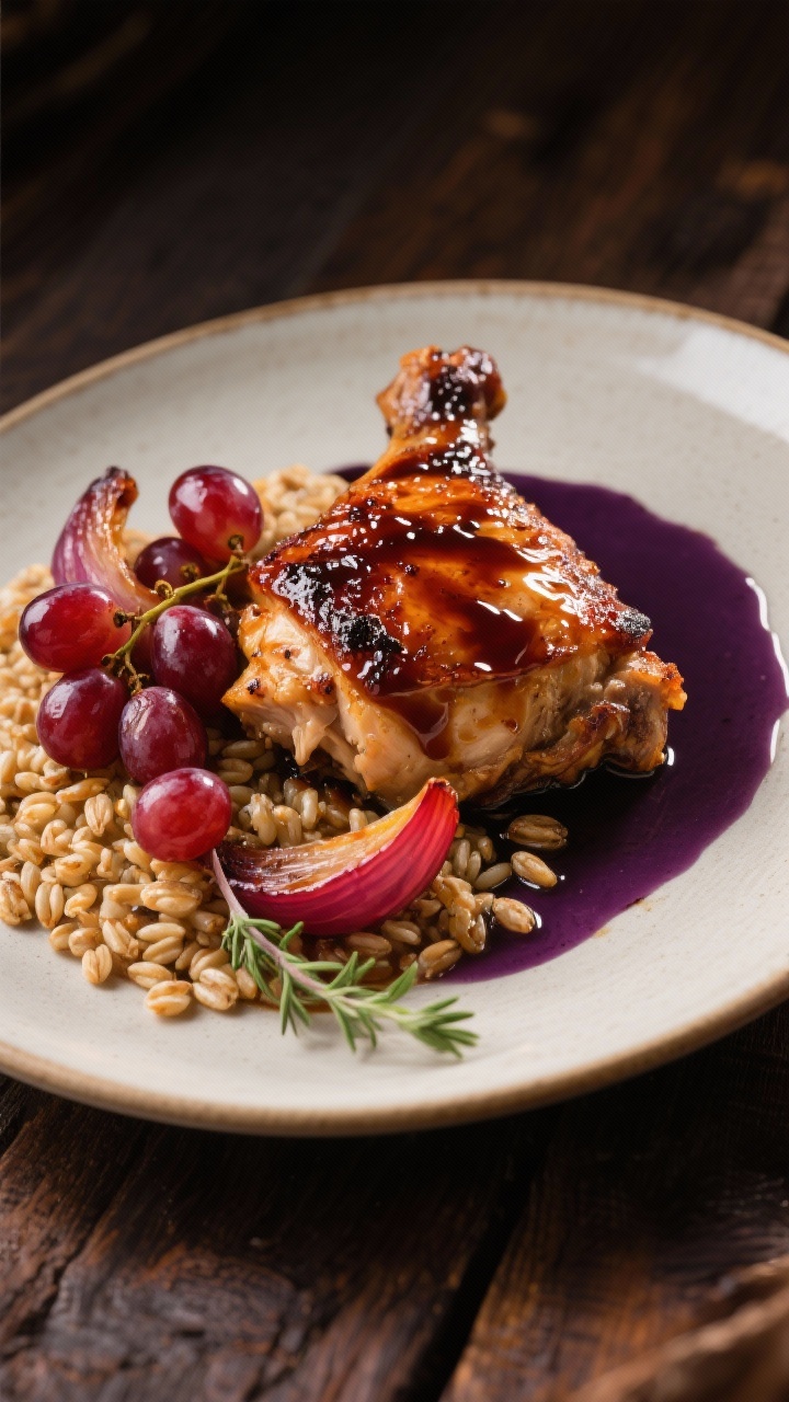 45-degree plated balsamic chicken and roasted grapes with farro: seared chicken thighs glazed with a glossy balsamic and honey reduction, nestled beside roasted red seedless grapes and red onion wedges, juices mingling into a deep purple sauce. Serve over a bed of warm farro, grains separated and pearly. Drizzle of extra balsamic, a few torn thyme leaves, ceramic plate on dark wood, rich autumnal tones.