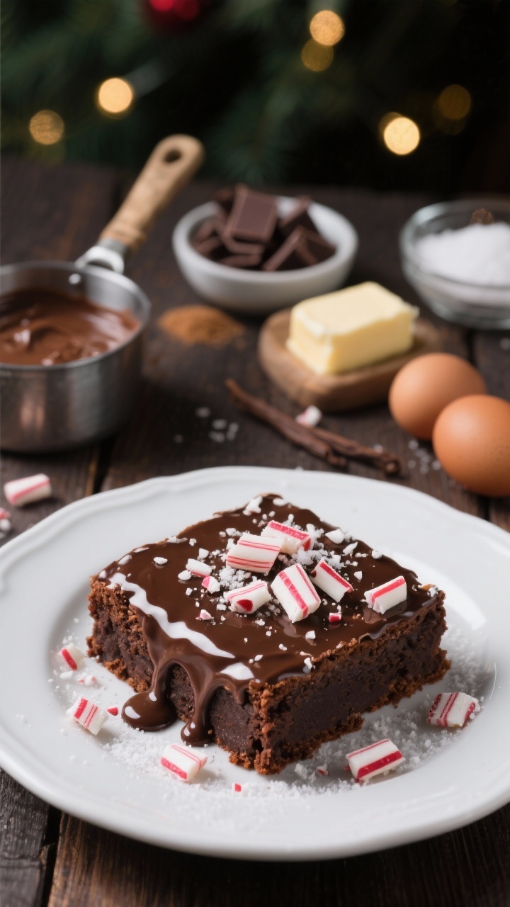 45-degree plated beauty shot of peppermint bark brownies topped with a silky, mirror-gloss chocolate ganache “snowcap.” The ganache softly drips over the edges; delicate shards of peppermint bark and a light dusting of crushed peppermint sit on top. Show a tight crumb with bittersweet chocolate richness. Include a blurred background of mise en place: unsalted butter and chopped bittersweet chocolate near a small saucepan for the ganache, bowls of granulated and brown sugar, 2 eggs, vanilla extract, and a pinch of peppermint extract. White ceramic plate, soft holiday bokeh lights, moody dark wood table.