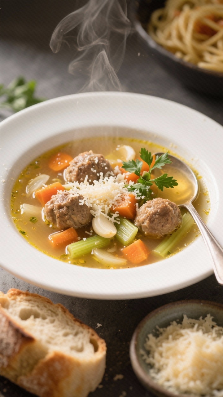 Easy and Creative Leftover Recipes for Busy Weeknights You’ll Crave Again 45-degree plated bowl of brothy Parmesan meatball soup from leftover spaghetti night: clear golden chicken/veg broth with halved meatballs, diced carrots, celery, onion, and slivers of garlic, finished with a snowfall of grated Parmesan and a few parsley leaves. Fine steam visible, droplets of olive oil shimmering on the surface. Served in a wide white bowl with a spoon, a hunk of crusty bread nearby, and extra Parmesan in a small dish; cozy, inviting light for a comforting feel.
