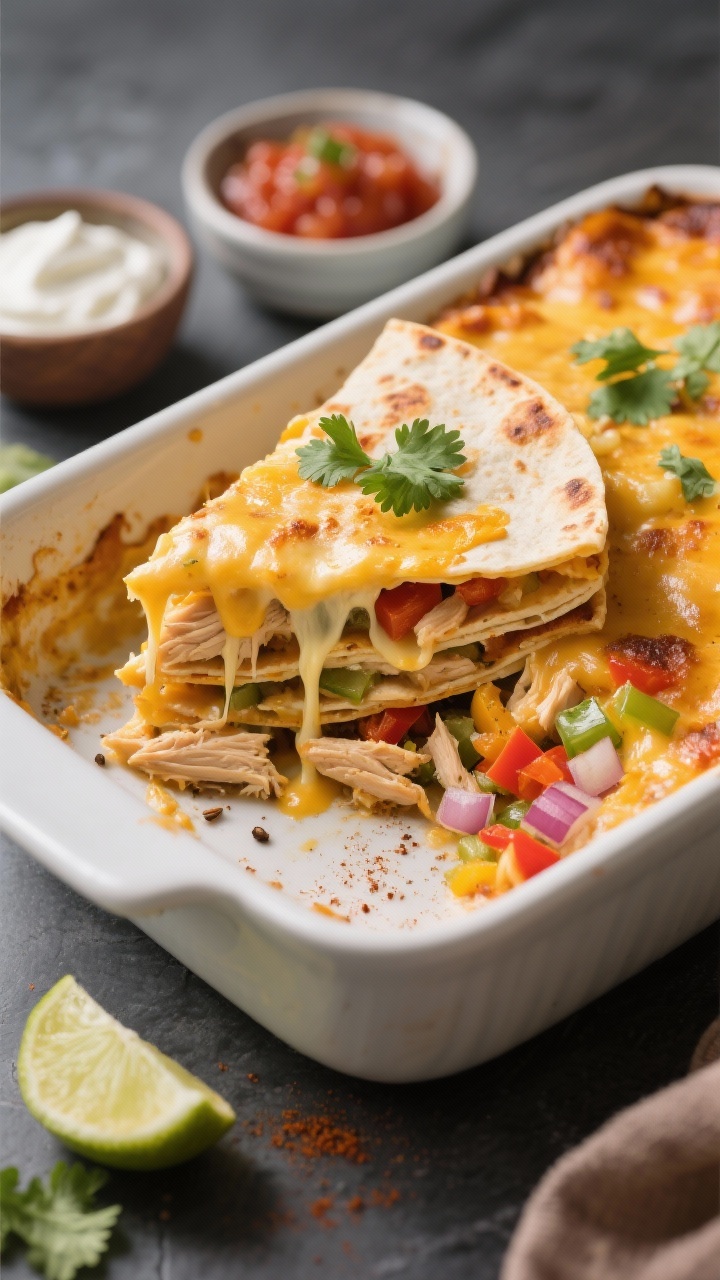 45-degree plated casserole slice: cheesy baked chicken quesadilla casserole with visible layers of flour tortillas, seasoned shredded chicken (cumin, chili powder), sautéed diced onion and bell pepper, and stretchy melted cheese pulling from a clean slice. Topped with a lightly blistered cheese crust, garnished with fresh cilantro. Small bowls of salsa, sour cream, and lime wedges nearby to suggest serving. Baked in a rectangular dish with one corner removed to show strata; bright, appetizing lighting to highlight the gooey cheese and colorful pepper-onion mix.
