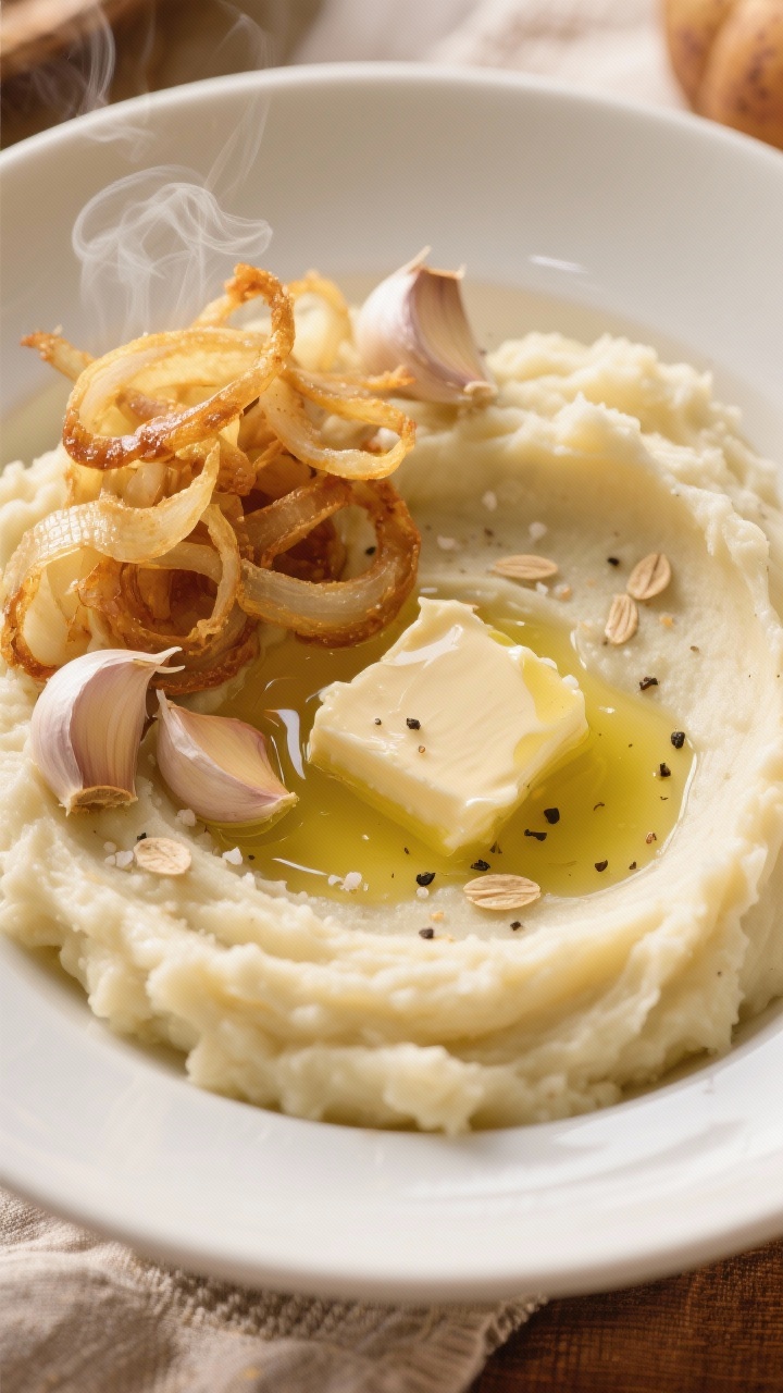 Cozy & Flavorful Vegan Thanksgiving Recipes Everyone Will Love—no Turkey Required 45-degree plated close-up: Ultra-creamy garlic mash made with Yukon Gold potatoes whipped with extra-virgin olive oil and unsweetened oat milk, swirled into a shallow white bowl with a glossy “olive oil butter” puddle in the center, crispy golden shallots piled on top, faint steam rising. Visible smashed garlic cloves and a drizzle of additional olive oil on the surface, sprinkled flaky salt and black pepper, set on a linen with warm, cozy light for a comforting Thanksgiving vibe.