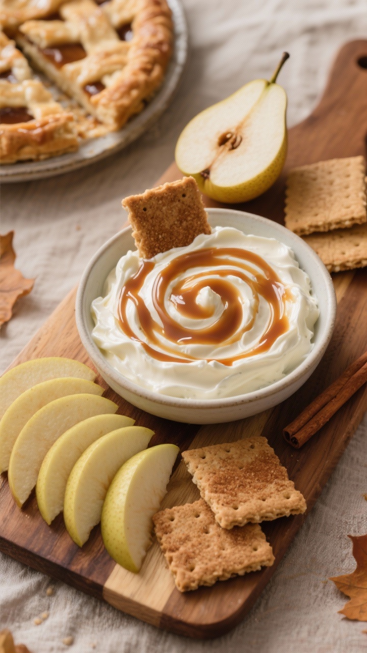 45-degree plated dessert-forward Pie-Inspired Board with Apple Dip: a creamy dip in a shallow bowl made from vanilla Greek yogurt and softened cream cheese, sweetened with brown sugar, cinnamon, and vanilla, finished with glossy caramel sauce swirled on top and an extra caramel drizzle across the board. Arrange sliced apples and pears in tight fans, plus a few cinnamon-dusted pie crust cookies or graham crackers for dipping. Warm, cozy tones, soft fall linens, inviting highlights on the caramel, focus on silky dip texture and crisp fruit edges, no people.