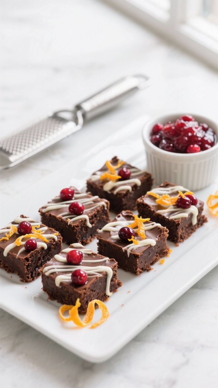 45-degree plated presentation: “Cranberry Orange Glam Squares” — neat brownie squares swirled with whole berry cranberry sauce, speckled with fresh orange zest and a kiss of orange juice brightness, finished with a delicate white chocolate drizzle (melted, glossy ribbons). Served on a white rectangular platter with extra zest curls, a ramekin of cranberry sauce, and a microplane in the background. Rich chocolate crumb contrasts with jeweled cranberry and citrus oils glistening; clean, modern styling with natural window light.