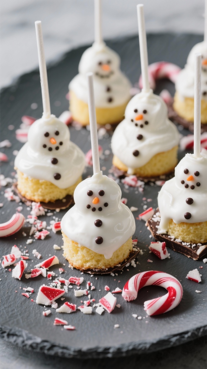 45-degree plated presentation for Peppermint Bark Snowmen With Candy Cane Crunch: white or yellow cake pops mixed with cream cheese frosting, dipped in smooth white candy melts scented with 1/2 teaspoon peppermint extract, then sprinkled with crushed candy cane shards around the base and buttons for a peppermint bark vibe; arranged on a matte slate platter with extra candy cane crumble scattered, subtle highlights on the glossy coating, cool-toned lighting to enhance the crisp red-and-white contrast.