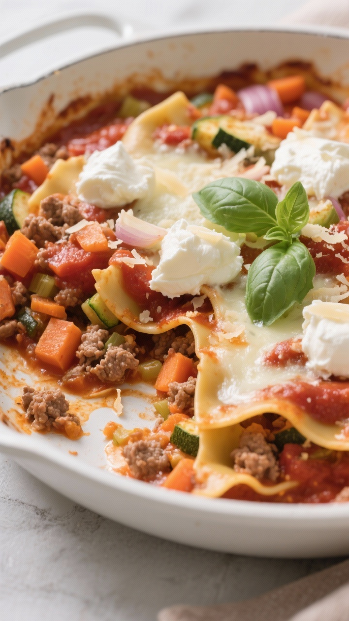Hearty & Healthy Casseroles That Feed the Whole Family—and Win Weeknights 45-degree plated presentation of a lighter lasagna skillet bake with veggie-packed marinara: broken whole-wheat lasagna noodle pieces folded into a chunky tomato sauce loaded with finely diced carrots, zucchini, onion and minced garlic, with lean ground meat distributed throughout; ribbons of lightly melted mozzarella and dollops of ricotta on top, finished with fresh basil and a sprinkle of parmesan; served in a shallow white bowl with a visible cheesy stretch; warm, inviting family-dinner mood, soft directional light, no people.