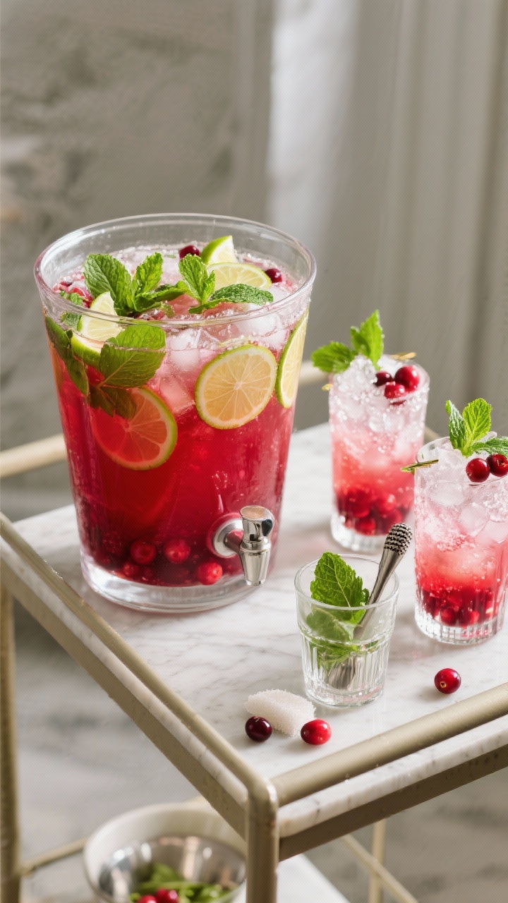 45-degree plated presentation of a zero-proof cranberry–mint mojito punch in a wide glass dispenser: vivid ruby cranberry base brightened with fresh lime juice and charged with lemon-lime soda, packed with fresh mint leaves and thin lime rounds; a muddling glass off to the side with mint, sugar, and water syrup to suggest the mint infusion; tall Collins glasses filled with crushed ice, mint sprigs, and cranberries for garnish; crisp, sparkling highlights to emphasize refreshment and fun, no people, modern bar-cart styling.