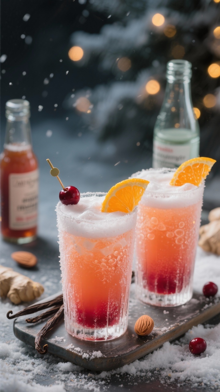 45-degree plated presentation of Frosted Cran-Orange Fizz poured into frosty highball glasses, pale crimson-orange hue from cranberry juice cocktail and orange tangerine juice, topped with vanilla ginger ale foam; visible micro-bubbles and condensation; garnished with an orange twist and a single cranberry on a cocktail pick; background props: a vanilla bean pod, almond extract bottle, and a chilled ginger ale; moody winter backdrop with soft bokeh from twinkle lights to suggest “vanilla ginger ale magic.”