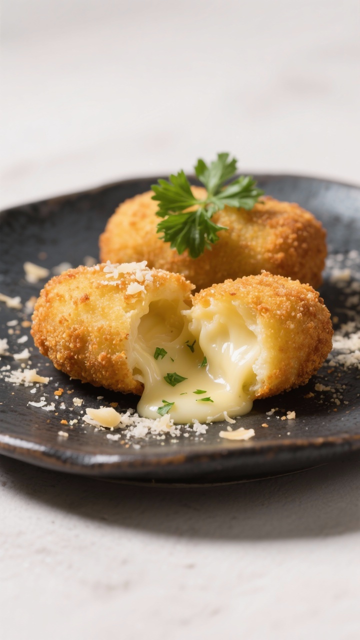 45-degree plated presentation of golden potato croquettes with melty centers, one croquette broken open to reveal stretchy Gruyère/mozzarella and flecks of parsley; light dusting of Parmesan and garlic powder on top, served on a dark ceramic plate with a small parsley garnish; crisp, crunchy exterior texture emphasized, bright, appetizing studio light.
