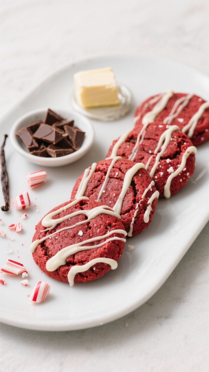 Christmas Brownie Cookies: the Cutest Holiday Treat You’ll Bake All Season 45-degree plated presentation of Red Velvet Peppermint Brownie Cookies With White Chocolate Drizzle: deep red cookies with a fudgy interior, subtle cocoa sheen, and fine peppermint flecks, drizzled with thin ribbons of glossy white chocolate. Plate on a matte white ceramic with a few crushed peppermint pieces and a small dish holding chopped semisweet chocolate, a stick of butter, and vanilla extract nearby. Color contrast between red velvet crumb and white drizzle, tight depth of field, festive but refined styling.