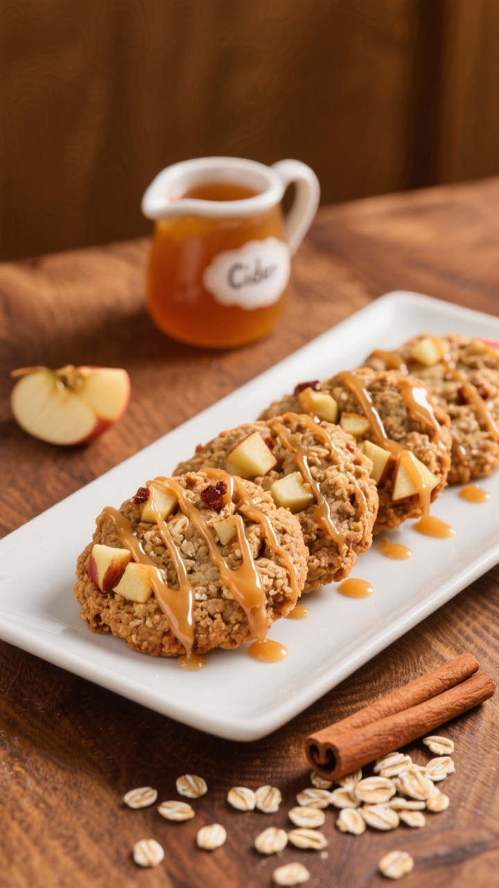 45-degree plated scene of apple pie oatmeal cookies drizzled with cider glaze, nubby oat texture with diced apple bits and cinnamon flecks, glaze ribbons set shiny; a tiny pitcher labeled cider glaze, a cinnamon stick, and scattered rolled oats for context on a warm wood backdrop.