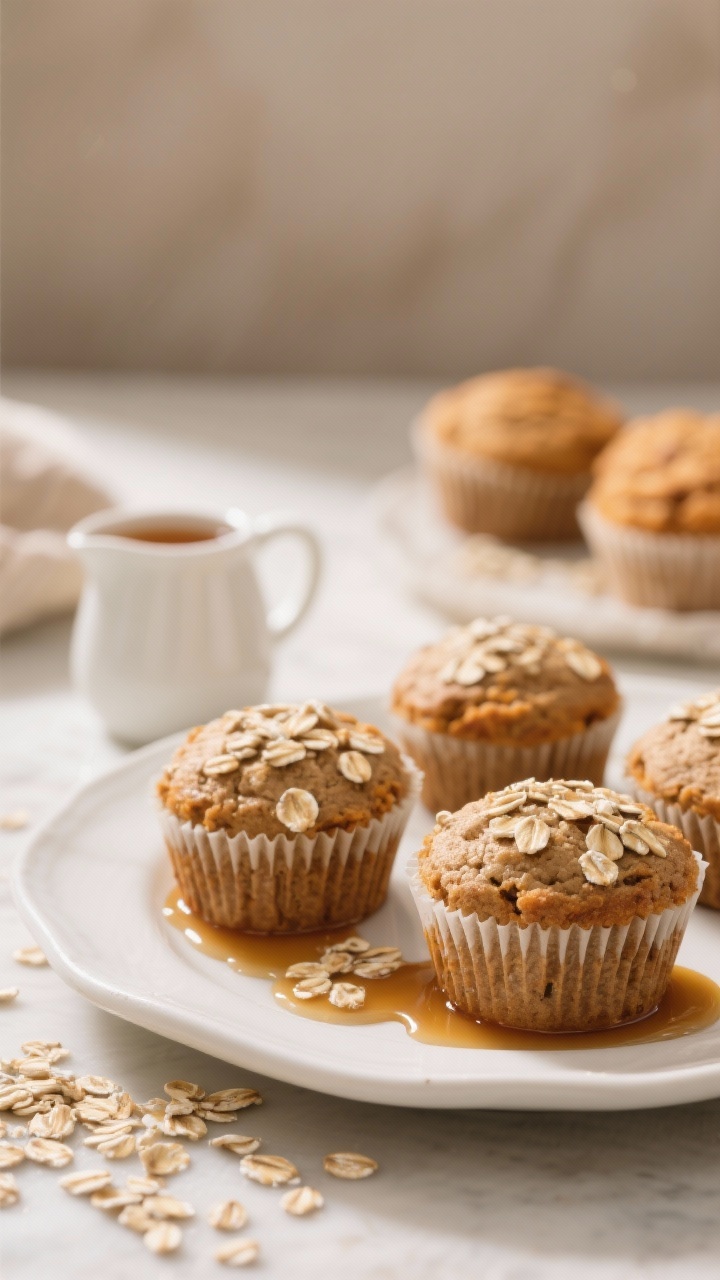 Pumpkin Muffins You’ll Crave All Year Long 45-degree plated scene of cozy whole wheat pumpkin muffins with maple oats: muffins topped with a light oat sprinkle, visible hearty crumb from white whole wheat flour and rolled oats. Drizzle of maple syrup pooling on a white ceramic plate, extra rolled oats scattered, and a small pitcher of maple syrup in the background. Soft morning light, warm neutral backdrop, inviting and wholesome aesthetic.