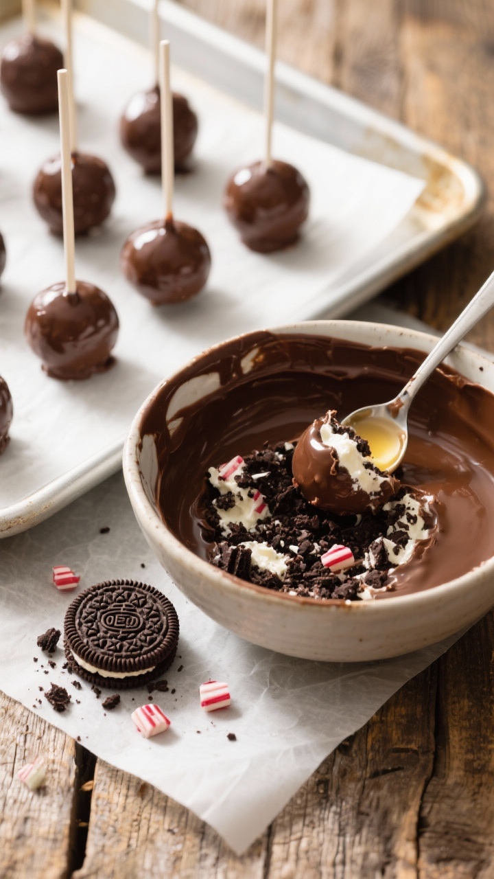 45-degree process shot: No-Bake Peppermint Oreo Pops. Display crushed chocolate sandwich cookies mixed with softened cream cheese and peppermint extract in a bowl, shaped into balls on a sheet pan with lollipop sticks inserted. Beside them, a warm bowl of melted milk/dark chocolate wafers with a teaspoon of coconut oil. Include finished pops dipped in shiny chocolate and lightly sprinkled with crushed peppermint. Set on parchment over a rustic wood surface; bright, natural light to capture the creamy cookie filling and smooth chocolate coating.