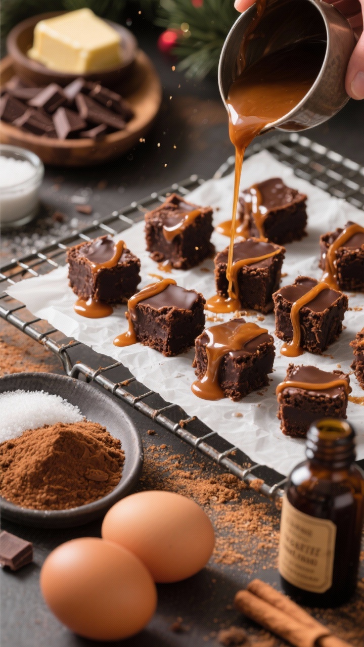 Christmas Brownie Bites That Are Perfect for Parties (and Disappear Fast) 45-degree process shot of Gingerbread-Spiced Brownie Bites being glazed: dark chocolate (60–70%) brownie bites on a wire rack over parchment, ribbons of glossy maple glaze dripping down; nearby mise en place shows chopped dark chocolate, unsalted butter, granulated sugar, dark brown sugar, two room-temperature eggs, and a small bottle labeled vanilla; warm, cozy holiday mood with gingerbread spice dusting in the air, deep browns and amber highlights, shallow depth of field to emphasize the glaze sheen.