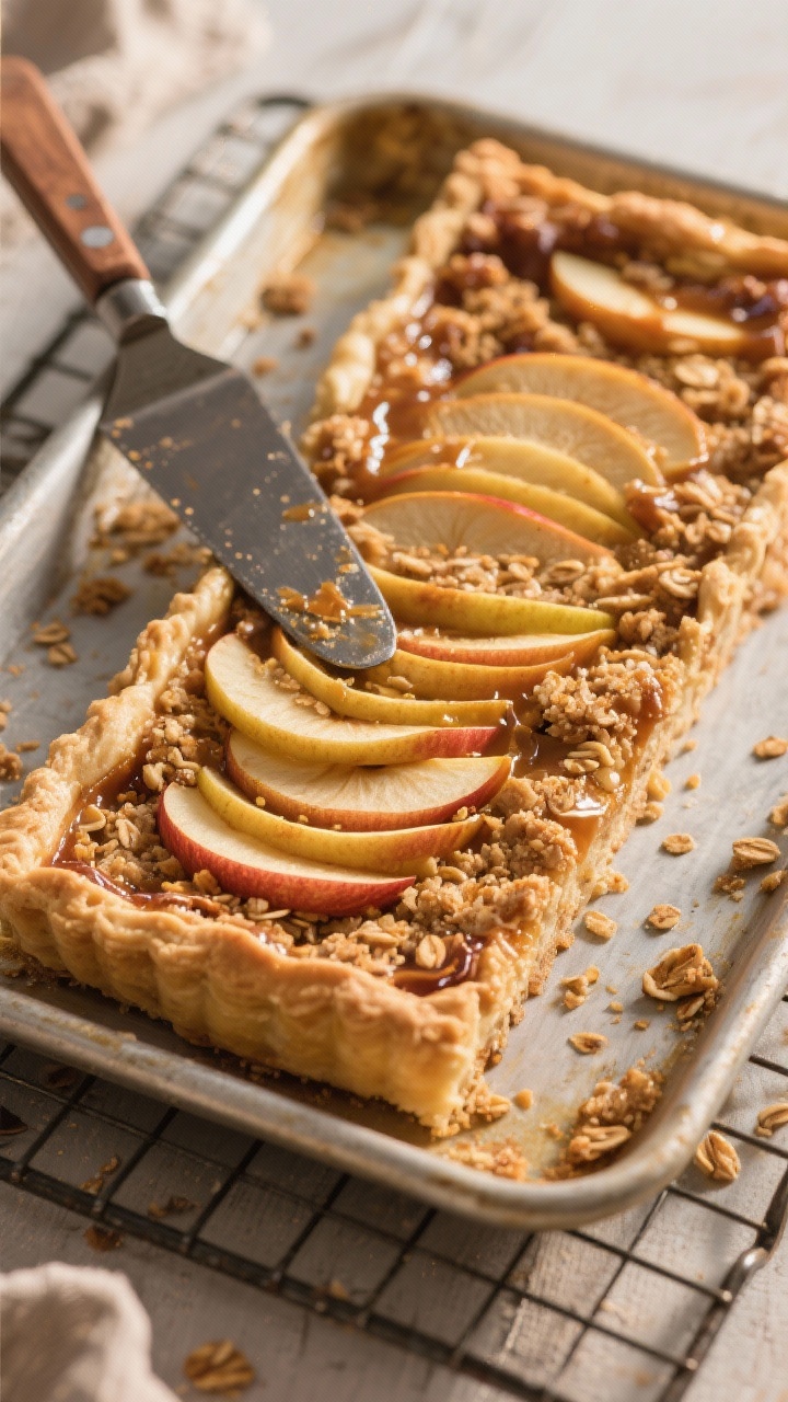 45-degree rustic dessert tray: lazy apple slab pie baked on a sheet with a single pie crust base, thinly sliced apples fanned under a nubbly oat crumble; sugars caramelized at the edges, hints of ground cinnamon visible; a few apple slices peeking through the golden topping, flaky crust edges; crumbs on a cooling rack, a pie server sliding under a square; cozy, golden hour light for a warm, inviting look.