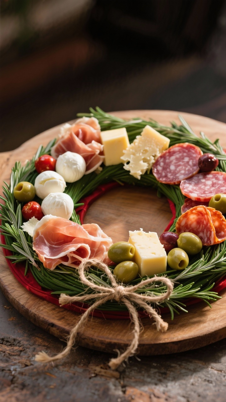15 Festive Christmas Charcuterie Board Ideas for Holiday Parties That Wow 45-degree shot of a rustic Italian antipasto wreath on a round board: fresh mozzarella balls (ciliegine), provolone cubes, Parmigiano shavings, folds of prosciutto, slices of hot capicola and salami, and Castelvetrano olives arranged in a green-red circular wreath with rosemary sprigs; twine bow accent; natural light, Mediterranean warmth.