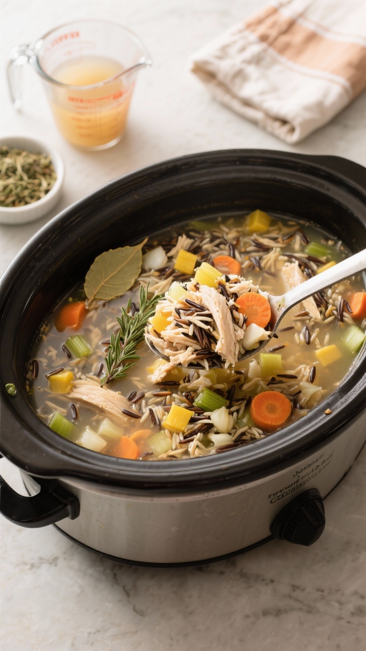 45-degree shot of a slow-cooker brimming with finished Slow-Cooker Cozy Chicken & Wild Rice Soup: visible long-grain wild rice plumped in broth, diced yellow onion, carrot coins, celery, minced garlic, and shredded chicken suspended in a clear, thyme-scented chicken stock; bay leaf and dried thyme specks visible; ladle lifting a hearty scoop to showcase texture; set on a countertop with measuring cup of chicken broth, a small dish of dried thyme, and a folded tea towel; warm, inviting light, no people.