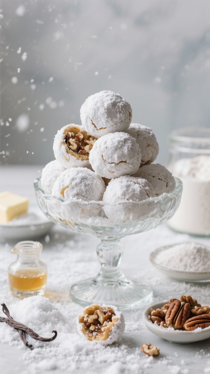 45-degree shot of Nutty Snowball Cookies piled high in a retro glass compote: round, tender cookies rolled thickly in vanilla-perfumed powdered sugar, a few cracked open to show finely chopped pecans/walnuts; loose powdered sugar scattered like fresh snow; nearby ingredients—vanilla extract, softened butter, powdered sugar, flour, salt, and a small dish of nuts; cool, diffused light for a soft, wintry feel with subtle highlights on sugar coating.