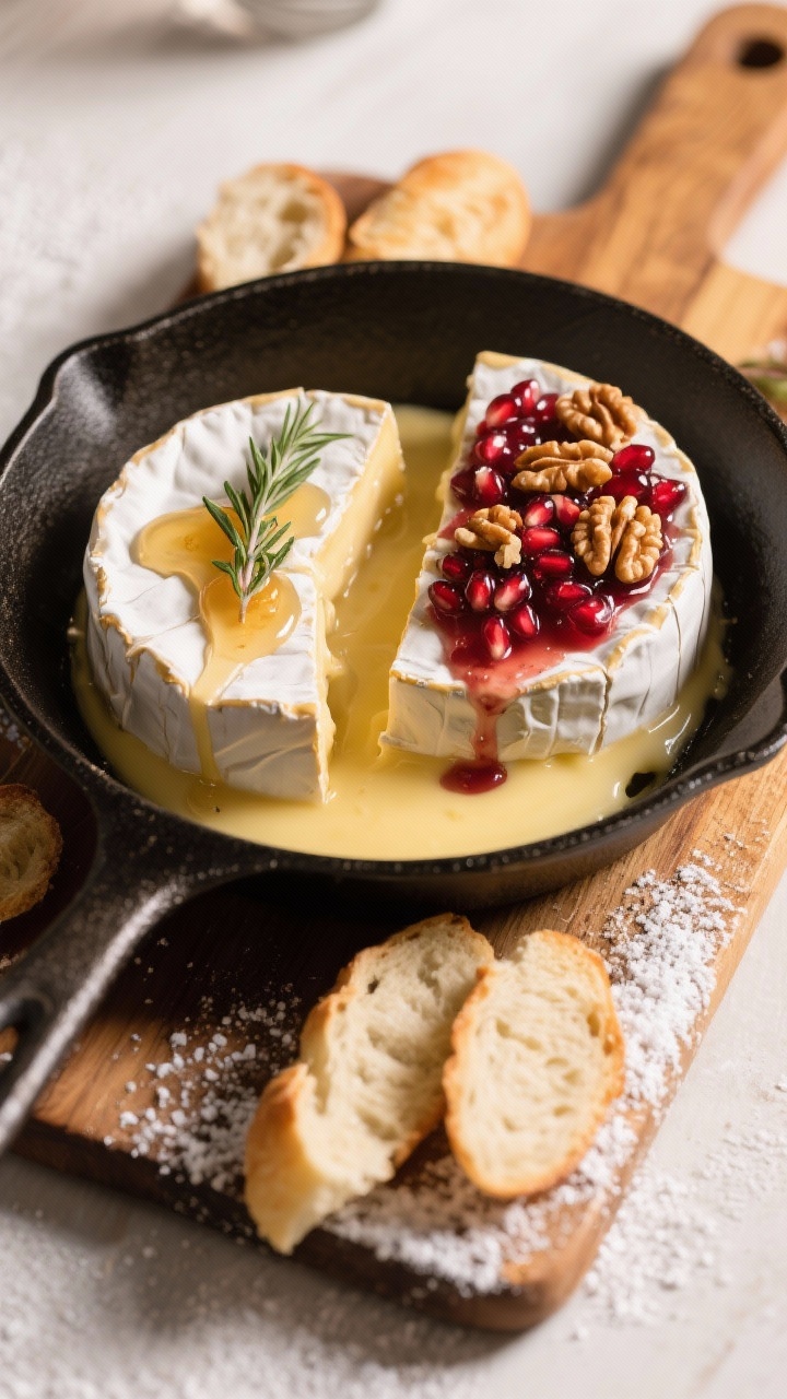 15 Festive Christmas Charcuterie Board Ideas for Holiday Parties That Wow 45-degree skillet board of melty brie and camembert: one wheel drizzled with honey and thyme, the other topped with cranberry sauce, toasted walnuts, and pomegranate arils; both oozy and cut into; sliced baguette all around for dipping; snowy powdered sugar dust on the board’s edge; warm highlights on molten cheese.