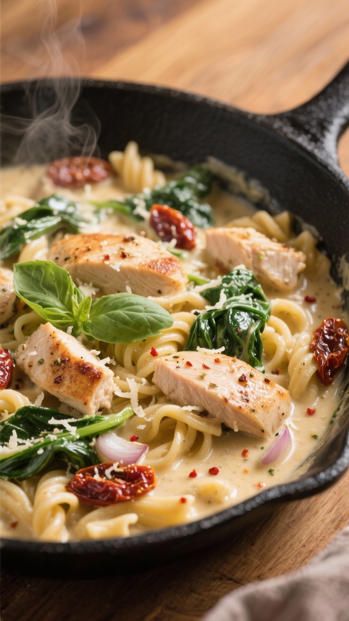 45-degree skillet close-up: creamy Tuscan chicken pasta swirling in a glossy sauce. Bite-size pieces of seared chicken breast, ribbons of wilted spinach, sun-dried tomatoes, and al dente short pasta coated in a silky, Parmesan-laced cream. Aromatics of finely chopped onion and minced garlic visible, flecks of Italian seasoning and a hint of red pepper flakes sprinkled on top. Finished with a light olive oil sheen and a few basil leaves. Shot in a matte black skillet on a warm wooden table, steam gently rising for a cozy weeknight vibe.