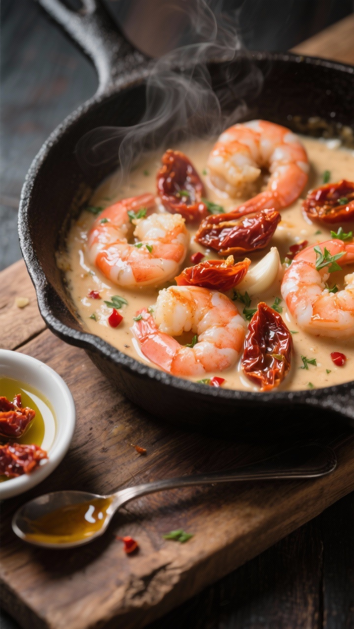 45-degree skillet close-up: creamy Tuscan shrimp simmering in a silky sauce with sliced sun-dried tomatoes (with a touch of their infused oil), minced garlic, a hint of crushed red pepper, and specks of fresh herbs; plump pink shrimp curled and glossy, sauce clinging to them; light reflecting off the oil-sheened tomatoes; steam subtly rising; cast-iron skillet on a rustic wooden board, with a tiny dish of extra sun-dried tomato oil and a spoon streaked with sauce nearby.