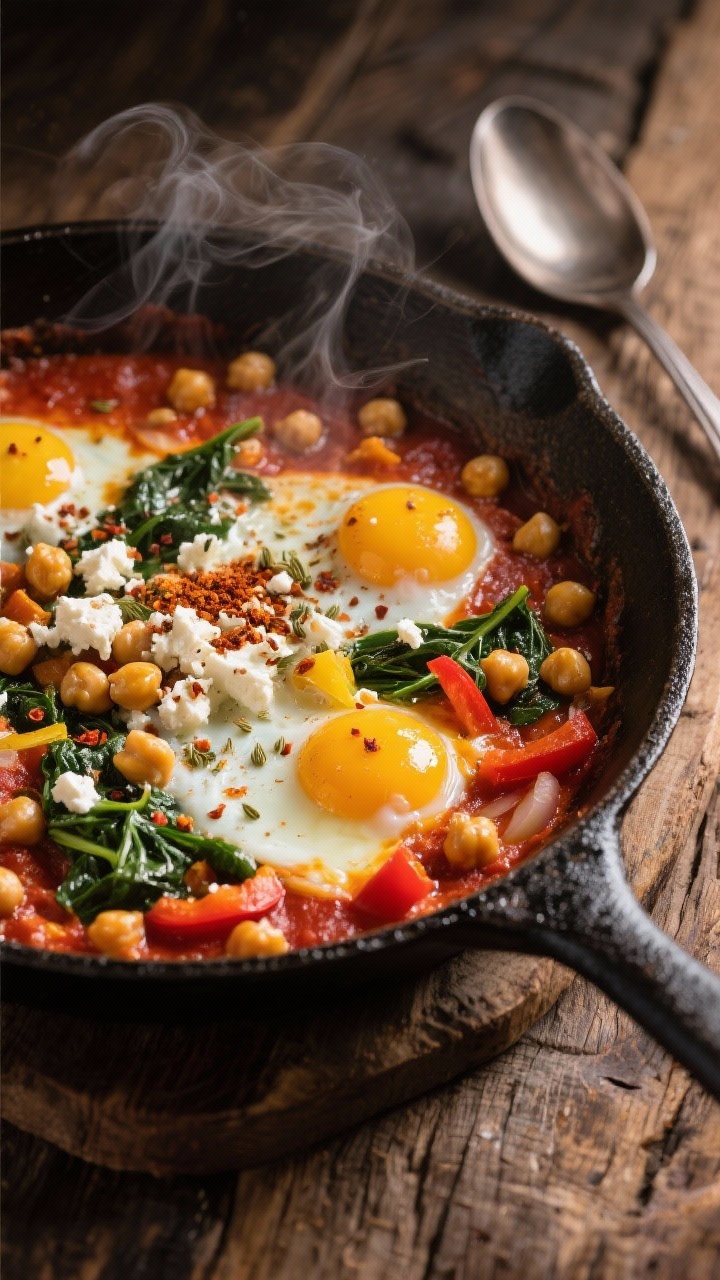 Healthy One-pan Meals for a Stress-free Week You’ll Actually Crave 45-degree skillet scene of smoky chickpea shakshuka: simmering tomato base studded with chickpeas, diced yellow onion and red bell pepper, wilted spinach peeking through; eggs gently poached with set whites and runny yolks, crumbled feta on top; visible spices of ground cumin, smoked paprika, ground coriander, and chili flakes sprinkled; steam rising, cast-iron pan on a rustic wooden table with a spoon resting nearby, mood warm and cozy.
