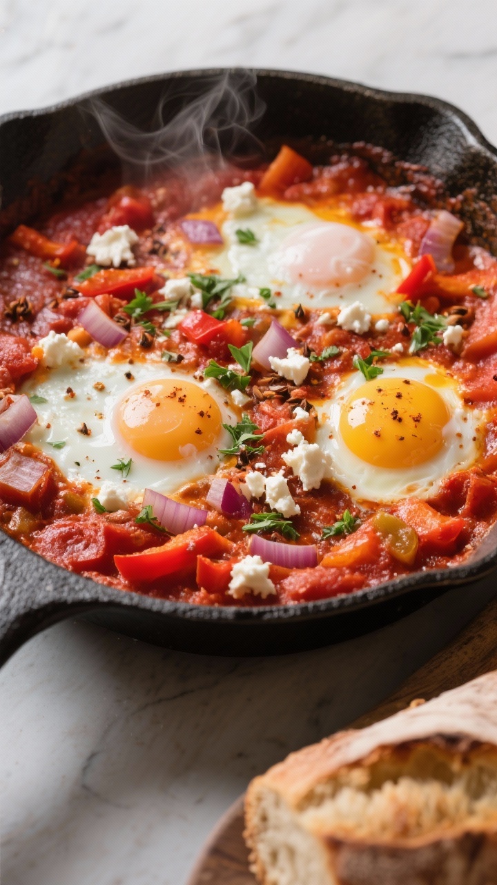 7 One-pan Dinners That Make Clean-up Effortless (and Weeknights Easier) 45-degree, straight-on rimmed skillet of smoky veggie shakshuka: a bubbling sea of crushed tomatoes scented with cumin, smoked paprika, and optional chili flakes, dotted with diced onion and red bell pepper. Eggs gently poached with set whites and runny yolks, crumbled feta and fresh chopped herbs scattered on top. Steam rising, rustic bread barely in frame, rich reds and creamy whites emphasized.
