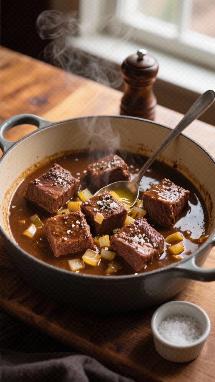 5-inch beef chuck cubes seared and simmered in a glossy, rich brown gravy, with diced yellow onion visible and a light sheen from olive oil; flour-thickened sauce clings to the beef, flecks of kosher salt and freshly ground black pepper on top. Styled on a warm wooden table with a ladle resting in the pot, a small ramekin of extra kosher salt and a pepper mill nearby. Soft window light, steam rising, moody, comforting Sunday supper vibe, no people.