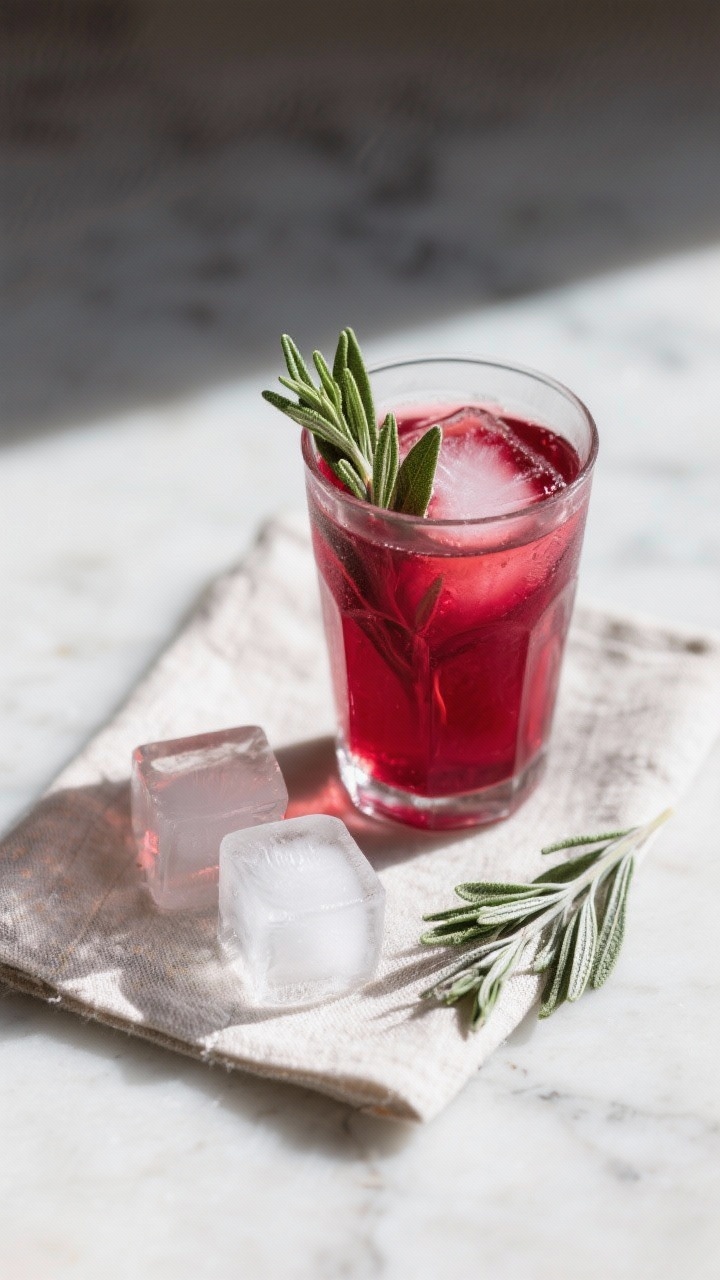 Thanksgiving Cocktails That’ll Turn Your Feast Into a Toast-worthy Party 5 oz simple syrup, and extra sage leaves; clear ice cubes on a linen napkin. Bright, crisp lighting to emphasize the jewel-toned cranberry hue and the silvery-green sage texture, clean marble surface, no people.