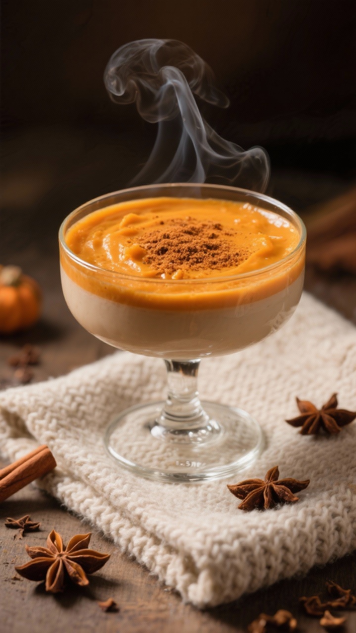 5 oz vodka and 1 oz coffee liqueur; 1 tbsp pumpkin purée lending a warm orange hue and 1/4 tsp chai spice dusted on top; soft knit-texture napkin beneath the glass to evoke “cozy sweater,” cinnamon and star anise scattered around; warm, low-contrast lighting with gentle steam hinting at spice aromatics, focus on creamy texture and layered tones.