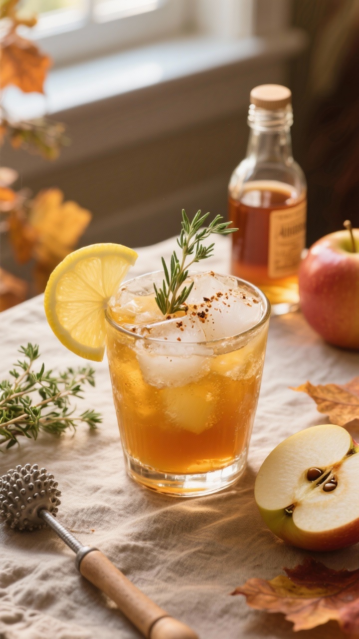 Fall Cocktails That’ll Make Your Evenings Feel Extra Cozy A 45-degree action shot of an Apple Cider Bourbon Smash in a short tumbler packed with crushed ice, golden cider-bourbon blend, thyme sprigs nestled among the ice, and a few dashes of Angostura creating streaks of spice; lemon wedge on the rim, simple syrup bottle nearby; background props include a small bunch of fresh thyme, a cut apple showing seeds and flesh, and a muddler; warm autumnal tones with natural window light and a textured linen to suggest a cozy fall party vibe.