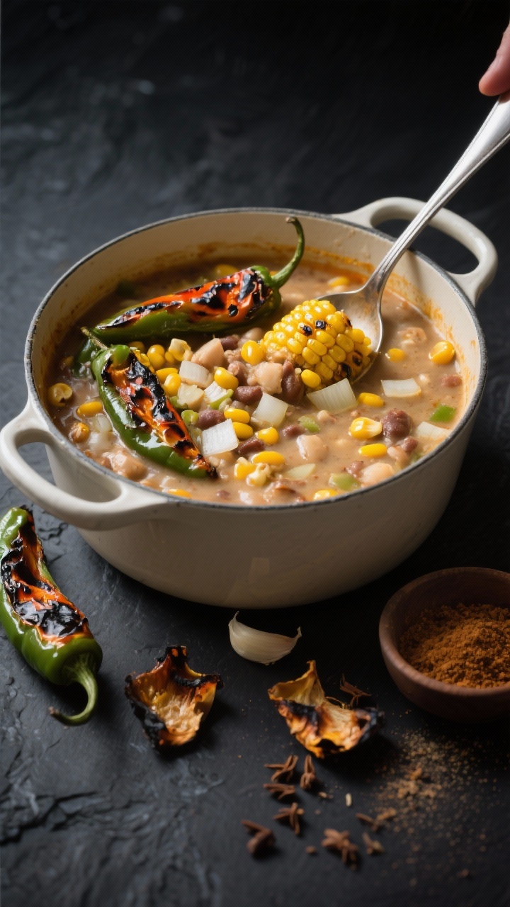 A 45-degree angle action shot of fiery roasted poblano white chili in an enamel Dutch oven: blistered, charred poblano strips and golden charred corn kernels folded into the chili with diced onion, minced garlic, and cumin; a spoon mid-stir revealing creamy broth studded with corn and peppers, scattered roasted poblano skins and a small bowl of cumin on the side, dark slate background, dramatic contrast, directional side light, ultra crisp detail