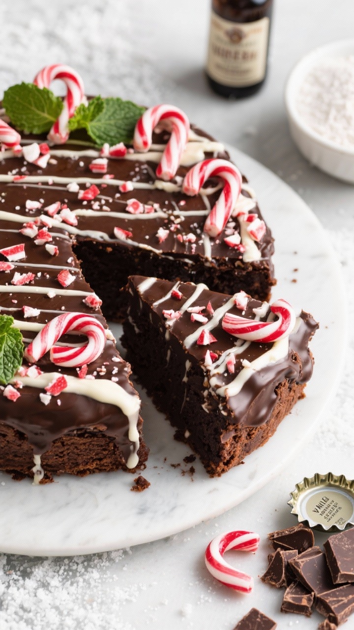 A 45-degree angle close-up of a peppermint bark brownie cake topped with dark chocolate glaze, white chocolate drizzle, and a dramatic sprinkle of crushed candy canes for candy cane crunch. The cut slice shows deep cocoa brownie with a hint of peppermint; garnish with whole mini candy canes and a few mint leaves. Include small props of ingredients used in the recipe: chopped dark chocolate, bottle caps labeled vanilla extract and peppermint extract, bowls of granulated sugar and all-purpose flour. Cool, wintry color palette with bright pops of red and white, crisp focus on textures.