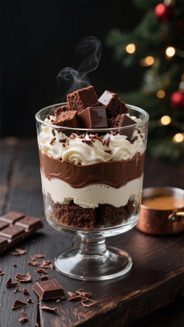 A 45-degree angle shot of a glass trifle bowl layered with classic triple-chocolate elements: cubes of baked chocolate cake mix, glossy semi-sweet chocolate custard made with whole milk, heavy cream, and egg yolks, and soft whipped cream swirls; finely chopped chocolate shavings sprinkled between layers. Rich, velvety textures with deep cocoa tones, subtle steam on custard hints warmth. Styled on a dark wood table with a bar of semi-sweet chocolate and a small saucepan of custard in the background, holiday ambiance with understated fairy lights, no people, professional studio lighting highlighting sheen and layers.