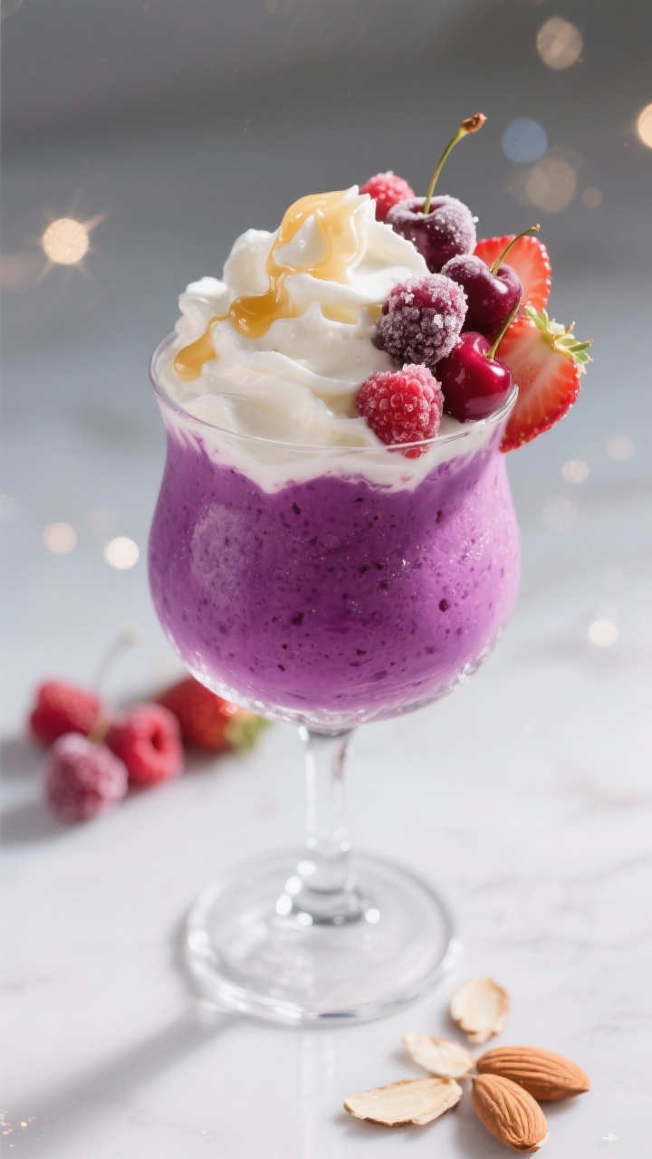 A 45-degree angle shot of a Sugar Plum Fairy Vanilla–Berry Frappe poured into a chilled coupe glass: vibrant blended frozen berries (strawberries, raspberries, cherries) with a creamy sheen from vanilla yogurt and milk, sweetened with honey. The drink is a jewel-toned magenta-purple, topped with a light cloud of whipped yogurt and a few sugared berry pieces for sparkle. A delicate drizzle of honey catches the light; a faint hint of almond extract is suggested by almond slivers scattered nearby. Festive, whimsical styling with twinkle-like highlights and a frosted glass; clean, modern backdrop.