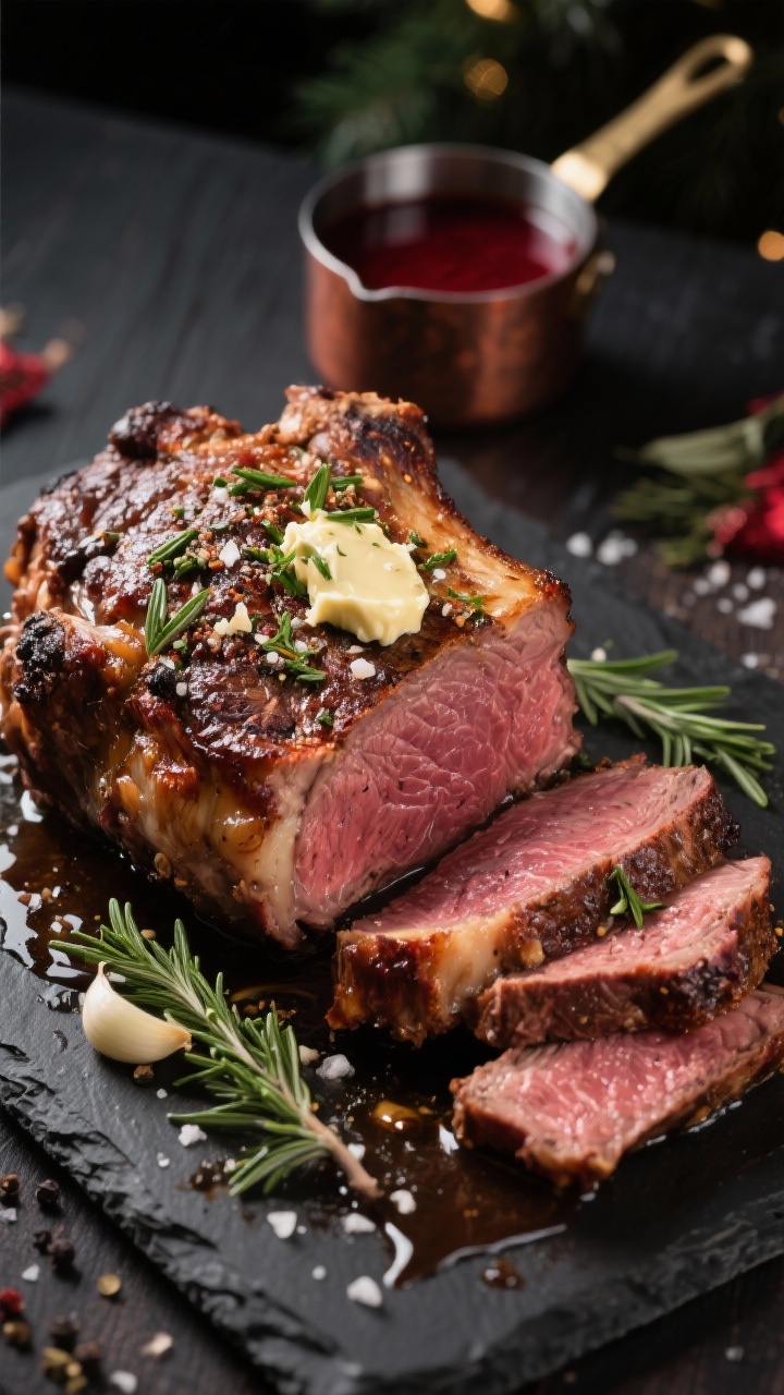 A 45-degree close-up of a bone-in prime rib roast just out of the oven, deeply browned and crusted with herb-garlic butter; visible coarse kosher salt, freshly ground black pepper, finely grated garlic, and chopped fresh rosemary embedded in the bark. Slices reveal a perfect warm-rosy medium-rare interior with shimmering juices. A small saucepan of glossy red wine pan jus catches light in the background, with drips on a dark slate serving board. Set on a moody holiday table with minimal props, professional lighting highlighting the fat cap and crispy edges, no people.