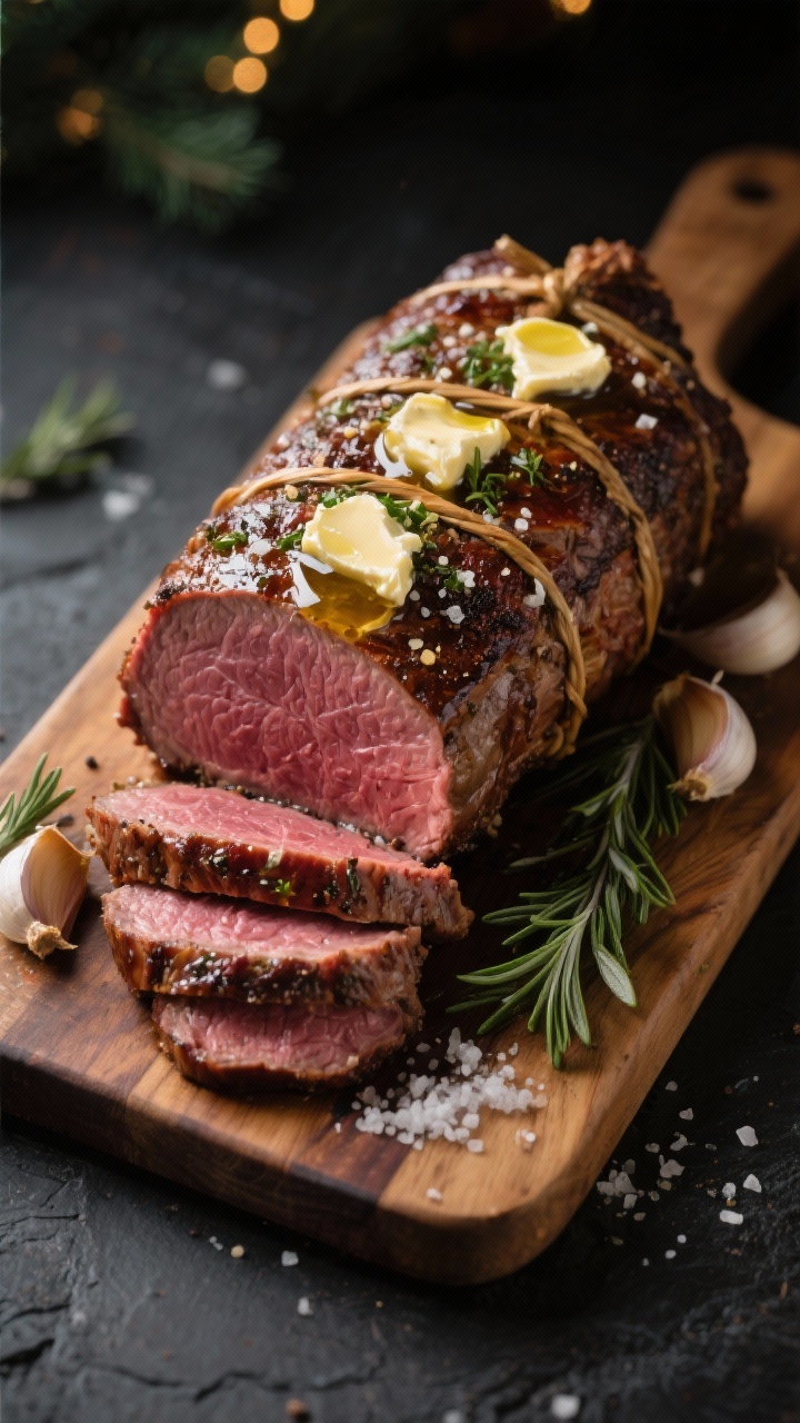 A 45-degree close-up of a whole roast beef tenderloin resting on a wooden carving board, tied and glistening with herb butter; visible crust seasoned with kosher salt and freshly ground black pepper, dotted with softened unsalted butter and olive oil sheen; roasted garlic cloves nestled around the tenderloin; sliced end reveals perfectly medium-rare rosy interior; sprigs of fresh herbs and coarse salt flakes for texture; warm, moody holiday lighting on a dark slate backdrop, shallow depth of field highlighting the buttery, garlicky sheen