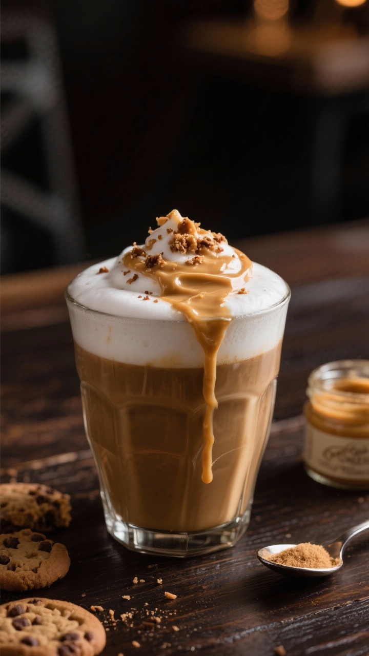 A 45-degree indulgent close-up of a Cookie-Butter Sugar Cookie Latte: luscious espresso blended with 1 cup milk (use half-and-half for ultra richness) and 1 tablespoon softened cookie butter; visible ribbon of cookie butter melting into the drink, crowned with a thick foam cap, a light drizzle of cookie butter on top, and a few cookie crumb sprinkles; warm, moody café lighting, rustic dark wood surface, tiny jar of cookie butter and 1–2 tablespoons sweetener in a spoon nearby to hint at decadence.