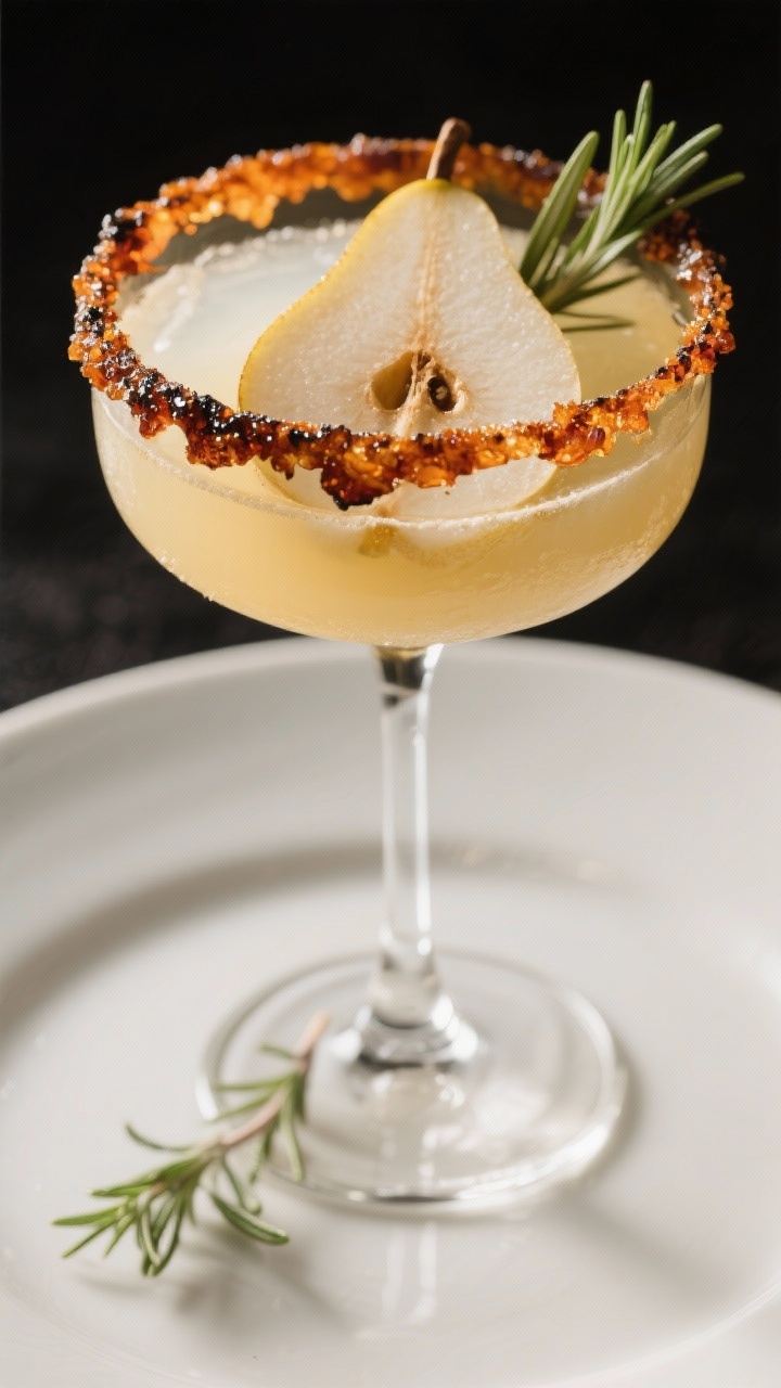 A 45-degree plated cocktail shot of a Rosemary Pear Sidecar in a chilled coupe with a dramatic burnt honey rim (deep amber, slightly charred crystallization), showing a pale gold mix of
