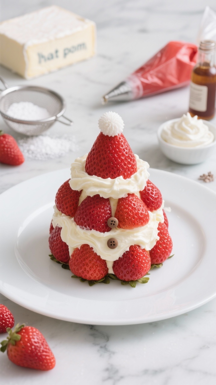 A 45-degree plated presentation of North Pole Strawberry Santas: hulled strawberries stacked with sweet vanilla cream cheese filling and a dollop “hat pom,” tiny piped buttons down the front; show the satiny cream texture with slight peaks, vibrant red berries, and a few whole strawberries and piping bag in the background; ingredients subtly included—block of cream cheese, powdered sugar in a sieve, vanilla extract bottle, a small bowl of whipped heavy cream, pinch of salt; clean white plate on a cool marble surface for a crisp, festive look.