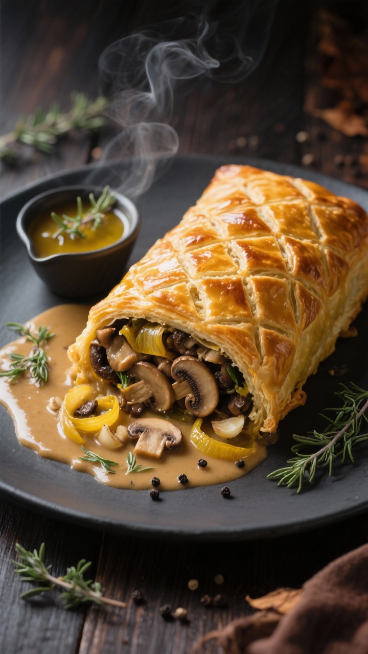 Easy Vegan Thanksgiving Mains That Impress Without Effort (and Win the Table) A 45-degree plated shot of a golden, lattice-scored Mushroom Wellington sliced to reveal a juicy mix of cremini, shiitake, and oyster mushrooms with caramelized yellow onion and minced garlic, wrapped in glossy puff pastry. Pooled around is silky thyme gravy with visible thyme leaves, a soft sheen from olive oil and optional vegan butter richness. Served on a matte charcoal platter with a small sauce boat of extra thyme gravy, steam rising, crisp flaky layers catching the light; moody autumn styling on a dark wood table with scattered fresh thyme sprigs and a pinch of cracked black pepper.