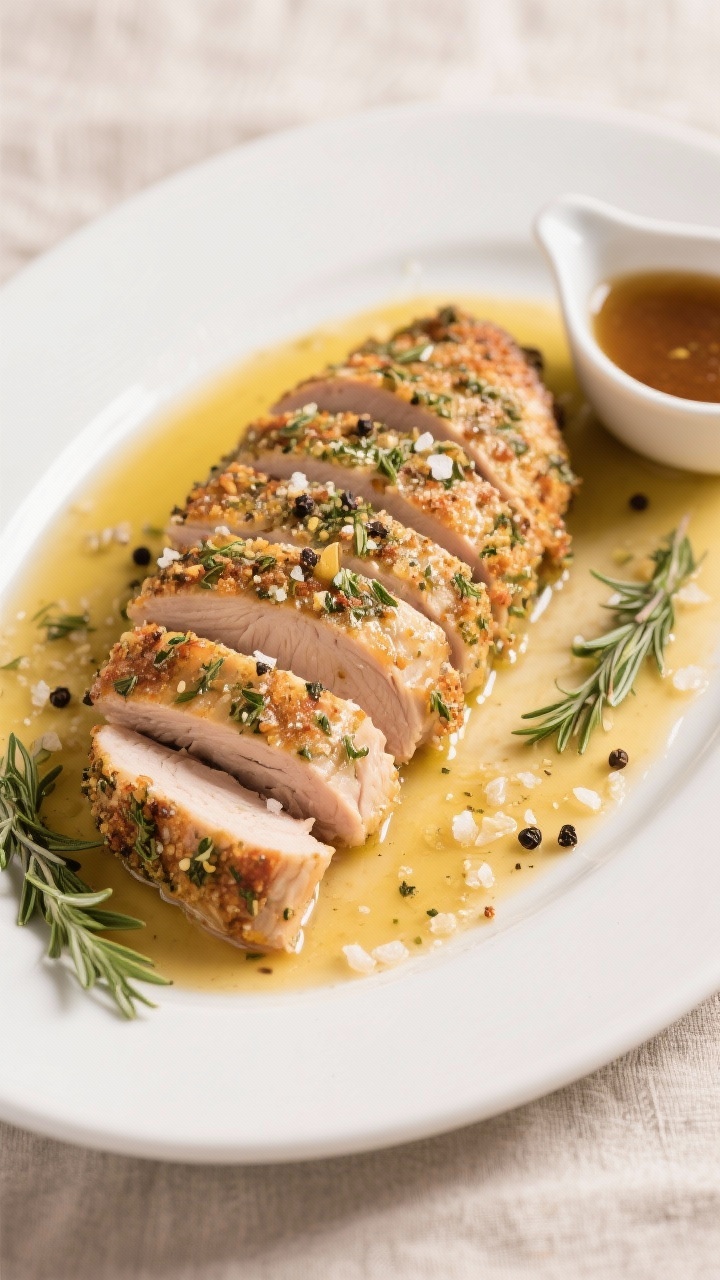 A 45-degree plated shot of crispy herb-crusted turkey tenderloins sliced and fanned on a warm white platter, draped with a glossy zesty pan gravy. Visible seasoning of kosher salt, black pepper, garlic powder, onion powder, dried thyme, and crushed dried rosemary on the golden surface; a light olive oil sheen. Garnish with a few thyme sprigs and cracked pepper. Set on a neutral linen with a small sauce boat of pan gravy to the side; shallow depth of field to emphasize the juicy texture and crackly edges.