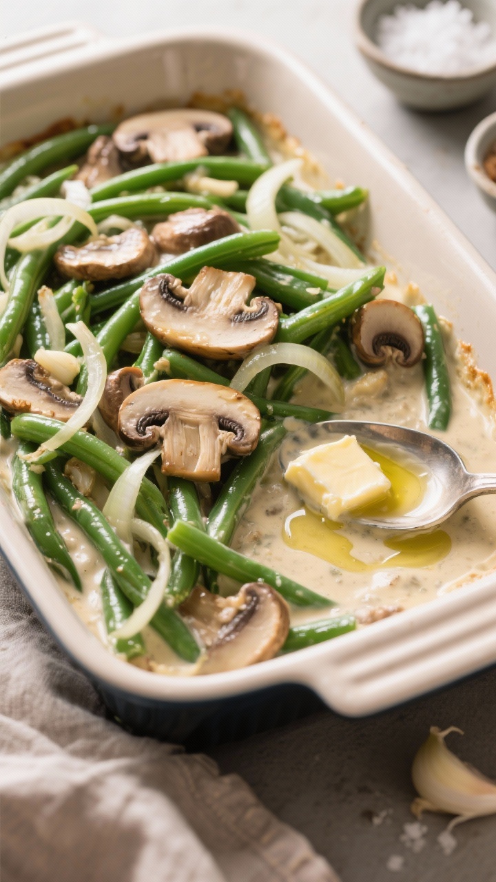A 45-degree process shot of a from-scratch green bean casserole just before baking: vibrant blanched green beans folded into a creamy mushroom-onion-garlic sauce in a wide enamel baking dish; visible sautéed cremini mushroom slices and thin onion strands; butter and olive oil gloss on the vegetables; a spoon trail revealing the velvety texture; small bowls of kosher salt and minced garlic nearby; neutral, cozy lighting emphasizing homemade richness, no canned soup in sight