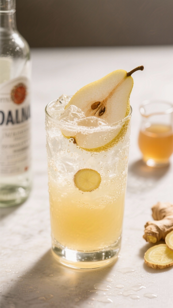 A bright close-up of a Pear Ginger Fizz in a highball with crushed ice, pale golden pear nectar and lemon juice layered with effervescence, thin pear slices and coins of fresh ginger visible, condensation beading on the glass; optional vodka bottle out of focus, ginger syrup in a tiny pitcher, captured at a 45-degree angle with crisp, clean lighting.