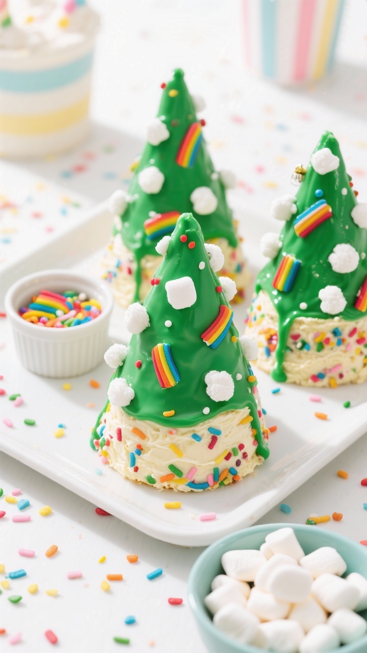 A bright overhead party scene of Kid-Approved Funfetti Trees with Marshmallow “Snowballs”: funfetti-studded cake mixed with vanilla frosting formed into cheerful tree cones, dipped in vibrant green candy melts, decorated with extra rainbow jimmies like ornaments, and topped/scattered with mini dehydrated marshmallows as playful snowballs; colorful confetti sprinkles sprinkled around a white tray, a ramekin of rainbow jimmies and a bowl of mini marshmallows visible; high-key lighting, joyful palette, crisp focus on the sprinkle-studded surfaces.